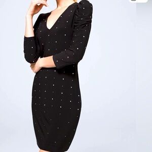 White House Black Market Black Dress with faux silvery like pearls buttons Small